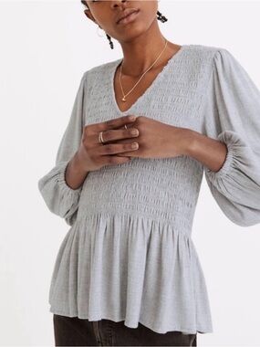 Madewell M Grey smocked V neck ruffle waist poplin bubble sleeve cottagecore top